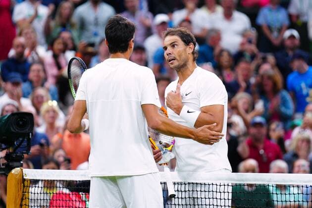 Mandatory Credit: Photo by Javier Garcia Shutterstock (13012408mv) Rafael Nadal celebrates victory in his third round match against Lorenzo Sonego. The two players had a long discussion at the net at the culmination of the match Wimbledon Tennis Championships, Day 6, The All England Lawn Tennis and Croquet Club, London, UK - 02 Jul 2022 Wimbledon Tennis Championships, Day 6, The All England Lawn Tennis and Croquet Club, London, UK - 02 Jul 2022  Copyright: xJavierxGarcia Shutterstockx 13012408mv