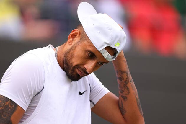 2nd July 2022, All England Lawn Tennis and Croquet Club, London, England; Wimbledon Tennis tournament; Nick Kyrgios adjusts his hat during his match with Stefanos Tsitsipas in the mens singles  ActionPlus12404362 ShaunxBrooks
