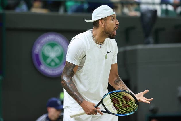 Tennis - Wimbledon (Day 6) 2nd July 2022 - Tennis - Wimbledon (Day 6) - Nick Kyrgios (AUS) reacts during his Gentlemen s Singles 2nd Round match against Stefanos Tsitsipas (GRE) - Photo: Simon Stacpoole Offside. London UK Copyright: xSimonxStacpoolexOffside