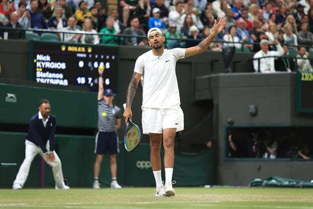 Tennis - Wimbledon (Day 6) 2nd July 2022 - Tennis - Wimbledon (Day 6) - Nick Kyrgios (AUS) gestures during his Gentlemen s Singles 3rd Round match against Stefanos Tsitsipas (GRE) - Photo: Simon Stacpoole Offside. London UK Copyright: xSimonxStacpoolexOffside