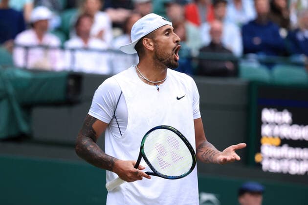 Tennis - Wimbledon (Day 6) 2nd July 2022 - Tennis - Wimbledon (Day 6) - Nick Kyrgios (AUS) gestures during his Gentlemen s Singles 3rd Round match against Stefanos Tsitsipas (GRE) - Photo: Simon Stacpoole Offside. London UK Copyright: xSimonxStacpoolexOffside
