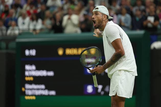 2nd July 2022, All England Lawn Tennis and Croquet Club, London, England; Wimbledon Tennis tournament; Nick Kyrgios complains to the umpire during his match with Stefanos Tsitsipas in the mens singles  ActionPlus12404384 ShaunxBrooks