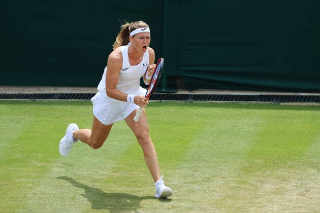 Tennis - Wimbledon (Day 7) 3rd July 2022 - Tennis - Wimbledon (Day 7) - Marie Bouzkova (CZE) celebrates during her Ladies Singles Round of 16 Round match against Caroline Garcia (FRA) - Photo: Simon Stacpoole Offside. London UK Copyright: xSimonxStacpoolexOffside
