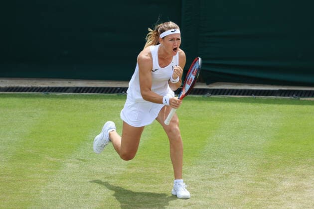 Tennis - Wimbledon (Day 7) 3rd July 2022 - Tennis - Wimbledon (Day 7) - Marie Bouzkova (CZE) celebrates during her Ladies Singles Round of 16 Round match against Caroline Garcia (FRA) - Photo: Simon Stacpoole Offside. London UK Copyright: xSimonxStacpoolexOffside