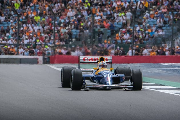 Sebastian Vettel (GER, Aston Martin Aramco Cognizant F1 Team 5) im Williams FW14B von Nigel Mansell (UK), Großer Preis von Großbritannien, Silverstone, Motorsport, Formel 1, Großer Preis von Großbritannien, Silverstone, Motorsport, Formel 1 Towcester Copyright: xEibner-Pressefotox