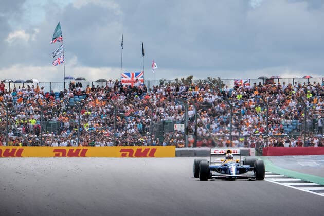 Sebastian Vettel (GER, Aston Martin Aramco Cognizant F1 Team 5) im Williams FW14B von Nigel Mansell (UK), Großer Preis von Großbritannien, Silverstone, Motorsport, Formel 1, Großer Preis von Großbritannien, Silverstone, Motorsport, Formel 1 Towcester Copyright: xEibner-Pressefotox