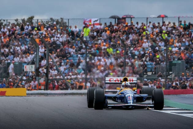 Sebastian Vettel (GER, Aston Martin Aramco Cognizant F1 Team 5) im Williams FW14B von Nigel Mansell (UK), Großer Preis von Großbritannien, Silverstone, Motorsport, Formel 1, Großer Preis von Großbritannien, Silverstone, Motorsport, Formel 1 Towcester Copyright: xEibner-Pressefotox