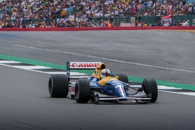 Sebastian Vettel (GER, Aston Martin Aramco Cognizant F1 Team 5) im Williams FW14B von Nigel Mansell (UK), Großer Preis von Großbritannien, Silverstone, Motorsport, Formel 1, Großer Preis von Großbritannien, Silverstone, Motorsport, Formel 1 Towcester Copyright: xEibner-Pressefotox