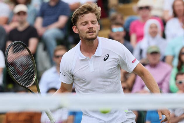 Belgian David Goffin reacts during a tennis match between Belgian Goffin and US Tiafoe in the fourth round of the men s singles tournament at the 2022 Wimbledon grand slam tennis tournament at the All England Tennis Club, in south-west London, Britain, Sunday 03 July 2022. BENOITxDOPPAGNE  x36972656x