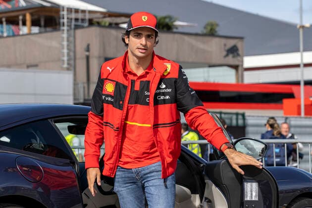 3rd July 2022, Silverstone Circuit, Silverstone, Northamptonshire, England: British F1 Grand Prix, Race day: Pole sitter Scuderia Ferrari driver Carlos Sainz Jr climbs from his Ferrari as he arrives at Silverstone  ActionPlus12404500 TimxWilliams