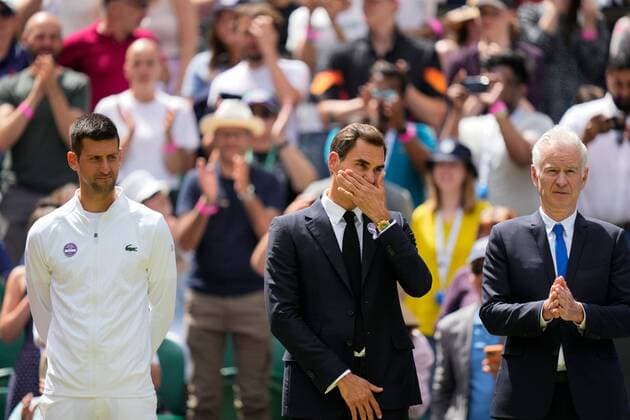 Mandatory Credit: Photo by Dave Shopland Shutterstock (13012855ab) Novak Djokovic, Roger Federer and John McEnroe on Centre Court as part of the centenary celebrations Wimbledon Tennis Championships, Day 7, The All England Lawn Tennis and Croquet Club, London, UK - 03 Jul 2022 Wimbledon Tennis Championships, Day 7, The All England Lawn Tennis and Croquet Club, London, UK - 03 Jul 2022  Copyright: xDavexShopland Shutterstockx 13012855ab