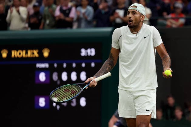2nd July 2022, All England Lawn Tennis and Croquet Club, London, England; Wimbledon Tennis tournament; Nick Kyrgios complains to the umpire during his match with Stefanos Tsitsipas in the mens singles  ActionPlus12404530 ShaunxBrooks