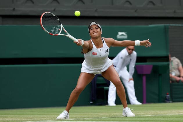 3rd July 2022, All England Lawn Tennis and Croquet Club, London, England; Wimbledon Tennis tournament; Heather Watson plays a forehand to Jule Niemeier in the ladies singles  ActionPlus12404579 ShaunxBrooks