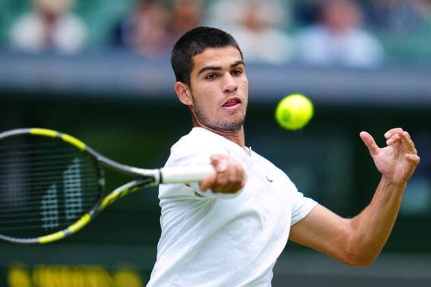 Mandatory Credit: Photo by James Veysey Shutterstock (13012857cv) Carlos Alcaraz during his fourth round match Wimbledon Tennis Championships, Day 7, The All England Lawn Tennis and Croquet Club, London, UK - 03 Jul 2022 Wimbledon Tennis Championships, Day 7, The All England Lawn Tennis and Croquet Club, London, UK - 03 Jul 2022  Copyright: xJamesxVeysey Shutterstockx 13012857cv