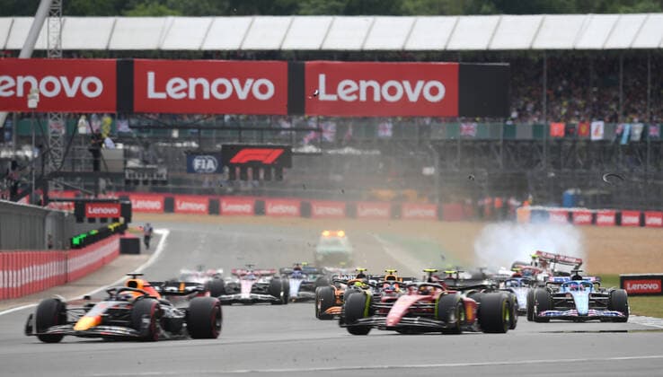 3rd July 2022, Silverstone Circuit, Silverstone, Northamptonshire, England: British F1 Grand Prix, Race day: Zhou Guanyu of China driving the (24) Alfa Romeo F1 C42 Ferrari crashes at the start of the race after colliding with George Russell of Mercedes  ActionPlus12404605 SimonxWest