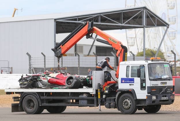 FORMULA 1 LENOVO BRITISH GRAND PRIX 3 July 2022, Guanyu Zhou 24 (CHI), Alfa Romeo C42 CRASH Car towed during the FORMULA 1 LENOVO BRITISH GRAND PRIX at Silverstone Circuit, Silverstone, United Kingdom on 3 July 2022 Editorial Use Only Copyright: xPhilxDuncanx ESM-0553-0069