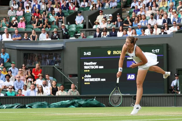 3rd July 2022, All England Lawn Tennis and Croquet Club, London, England; Wimbledon Tennis tournament; Jule Niemeier serves to Heather Watson in the ladies singles  ActionPlus12404643 ShaunxBrooks