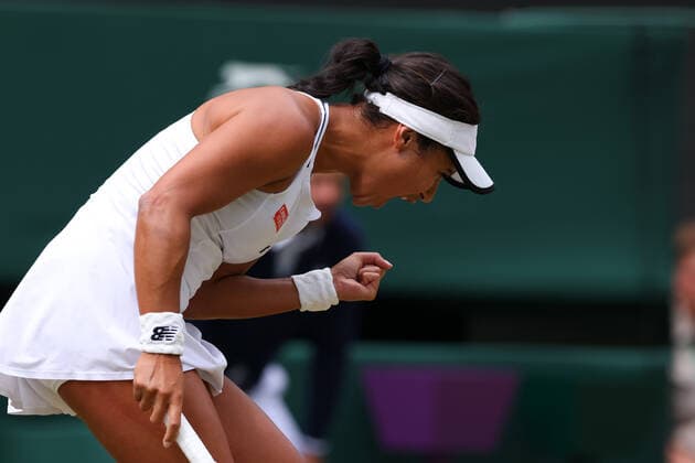 3rd July 2022, All England Lawn Tennis and Croquet Club, London, England; Wimbledon Tennis tournament; Heather Watson celebrates after she wins a point in her match with Jule Niemeier in the ladies singles  ActionPlus12404648 ShaunxBrooks