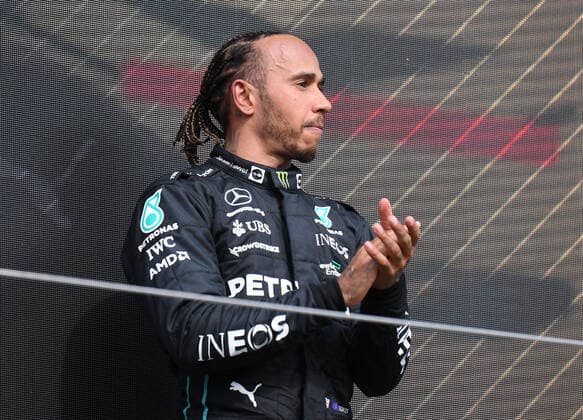 3rd July 2022, Silverstone Circuit, Silverstone, Northamptonshire, England: British F1 Grand Prix, Race day: Lewis Hamilton of Great Britain take third place on the podium  ActionPlus12404726 SimonxWest
