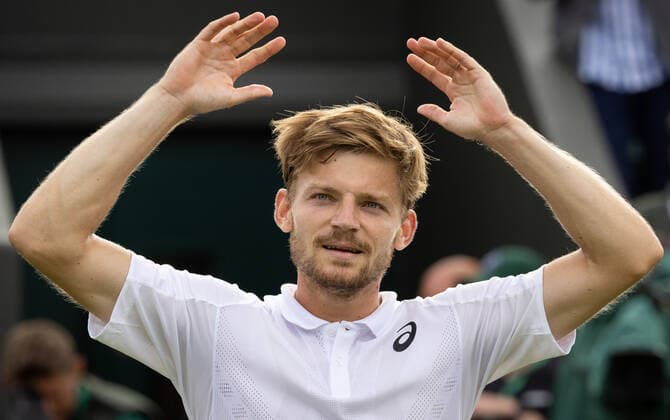 Belgian David Goffin celebrates after winning a tennis match between Belgian Goffin and US Tiafoe in the fourth round of the men s singles tournament at the 2022 Wimbledon grand slam tennis tournament at the All England Tennis Club, in south-west London, Britain, Sunday 03 July 2022. BENOITxDOPPAGNE  x36977715x