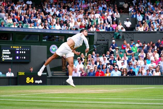 Mandatory Credit: Photo by Javier Garcia Shutterstock (13012857hj) Carlos Alcaraz during his fourth round match Wimbledon Tennis Championships, Day 7, The All England Lawn Tennis and Croquet Club, London, UK - 03 Jul 2022 Wimbledon Tennis Championships, Day 7, The All England Lawn Tennis and Croquet Club, London, UK - 03 Jul 2022  Copyright: xJavierxGarcia Shutterstockx 13012857hj