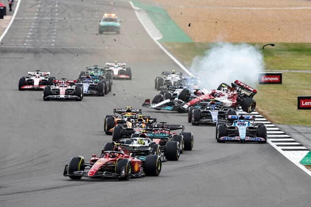 Crash between 24 Guanyu Zhou (CHN, Alfa Romeo F1 Team ORLEN) and 63 George Russell (GBR, Mercedes-AMG Petronas F1 Team) at the start, F1 Grand Prix of Great Britain at Silverstone Circuit on July 3, 2022 in Silverstone, United Kingdom. (Photo by HOCH ZWEI) Silverstone United Kingdom