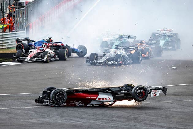 Crash of 24 Guanyu Zhou (CHN, Alfa Romeo F1 Team ORLEN) at the start, F1 Grand Prix of Great Britain at Silverstone Circuit on July 3, 2022 in Silverstone, United Kingdom. (Photo by HOCH ZWEI) Silverstone United Kingdom