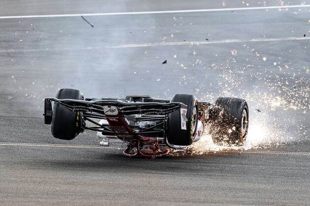 Crash of 24 Guanyu Zhou (CHN, Alfa Romeo F1 Team ORLEN) at the start, F1 Grand Prix of Great Britain at Silverstone Circuit on July 3, 2022 in Silverstone, United Kingdom. (Photo by HOCH ZWEI) Silverstone United Kingdom