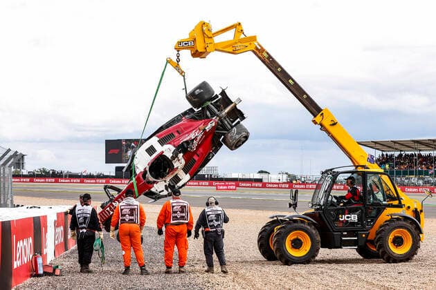 Damaged car of 24 Guanyu Zhou (CHN, Alfa Romeo F1 Team ORLEN), F1 Grand Prix of Great Britain at Silverstone Circuit on July 3, 2022 in Silverstone, United Kingdom. (Photo by HOCH ZWEI) Silverstone United Kingdom