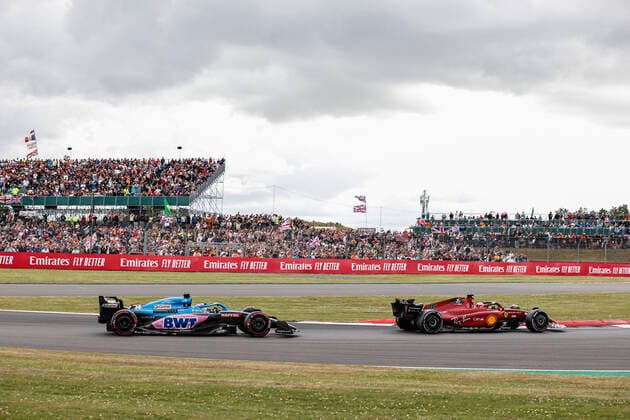 14 Fernando Alonso (ESP, BWT Alpine F1 Team), 16 Charles Leclerc (MCO, Scuderia Ferrari), F1 Grand Prix of Great Britain at Silverstone Circuit on July 3, 2022 in Silverstone, United Kingdom. (Photo by HOCH ZWEI) Silverstone United Kingdom
