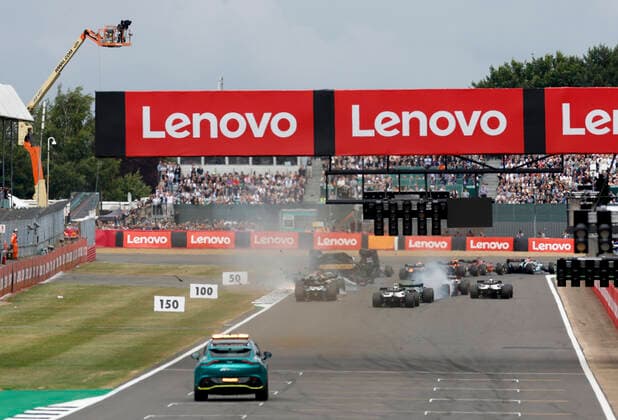 Crash between 24 Guanyu Zhou (CHN, Alfa Romeo F1 Team ORLEN) and 63 George Russell (GBR, Mercedes-AMG Petronas F1 Team) at the start, F1 Grand Prix of Great Britain at Silverstone Circuit on July 3, 2022 in Silverstone, United Kingdom. (Photo by HOCH ZWEI) Silverstone United Kingdom