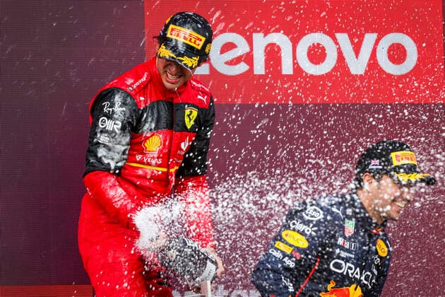 55 Carlos Sainz (ESP, Scuderia Ferrari), 11 Sergio Perez (MEX, Oracle Red Bull Racing), F1 Grand Prix of Great Britain at Silverstone Circuit on July 3, 2022 in Silverstone, United Kingdom. (Photo by HOCH ZWEI) Silverstone United Kingdom
