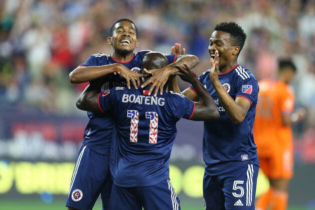 July 3, 2022; Foxborough, MA, USA; New England Revolution midfielder Maciel (13), New England Revolution midfielder Ema Boateng (11) and New England Revolution midfielder Wilfrid Kaptoum (5) celebrate a goal during an MLS, Fussball Herren, USA match between FC Cincinnati and New England Revolution at Gillette Stadium. CSM Foxborough United States - ZUMAc04_ 20220703_zaf_c04_095 Copyright: xAnthonyxNesmithx