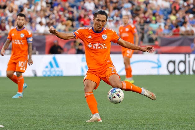 FOXBOROUGH, MA - JULY 03: FC Cincinnati center forward Yuya Kubo (7) shoots during a match between the New England Revolution and FC Cincinnati on July 3, 2022, at Gillette Stadium in Foxborough, Massachusetts. (Photo by Fred Kfoury III Icon Sportswire) SOCCER: JUL 03 MLS, Fussball Herren, USA - FC Cincinnati at New England Revolution 441055