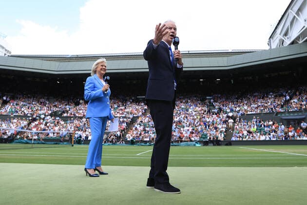 Tennis - Wimbledon (Day 7) 3rd July 2022 - Tennis - Wimbledon (Day 7) - Television presenters Sue Barker and John McEnroe work on Centre Court - Photo: Simon Stacpoole Offside. London UK Copyright: xSimonxStacpoolexOffside
