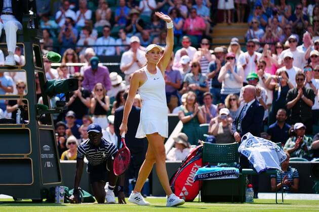 Mandatory Credit: Photo by Javier Garcia Shutterstock (13012862ae) Elena Rybakina celebrates victory in her fourth round match Wimbledon Tennis Championships, Day 8, The All England Lawn Tennis and Croquet Club, London, UK - 04 Jul 2022 Wimbledon Tennis Championships, Day 8, The All England Lawn Tennis and Croquet Club, London, UK - 04 Jul 2022  Copyright: xJavierxGarcia Shutterstockx 13012862ae