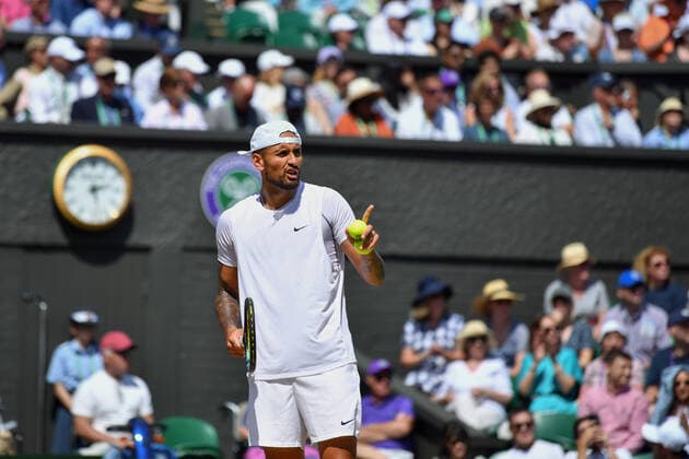 Mandatory Credit: Photo by James Veysey Shutterstock (13012861be) Nick Kyrgios during his fourth round match Wimbledon Tennis Championships, Day 8, The All England Lawn Tennis and Croquet Club, London, UK - 04 Jul 2022 Wimbledon Tennis Championships, Day 8, The All England Lawn Tennis and Croquet Club, London, UK - 04 Jul 2022  Copyright: xJamesxVeysey Shutterstockx 13012861be
