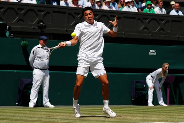4th July 2022, All England Lawn Tennis and Croquet Club, London, England; Wimbledon Tennis tournament; Brandon Nakashima (USA) plays a forehand to Nick Kyrgios (AUS)  ActionPlus12405074 JohnxPatrickxFletcher