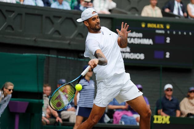 4th July 2022, All England Lawn Tennis and Croquet Club, London, England; Wimbledon Tennis tournament; Nick Kyrgios (AUS) plays a forehand to Brandon Nakashima (USA)  ActionPlus12405077 JohnxPatrickxFletcher