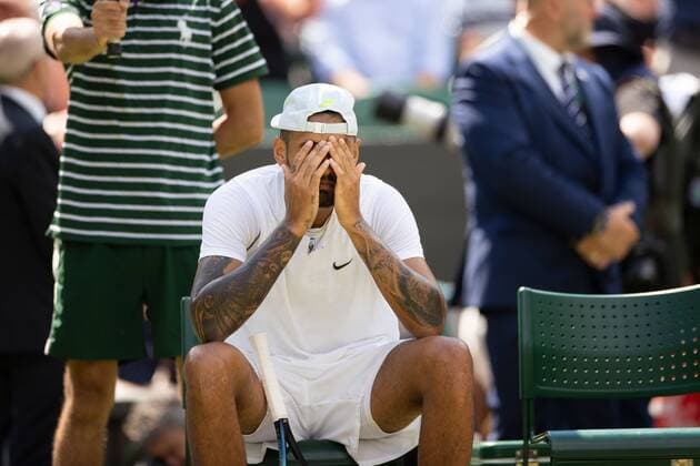 Mandatory Credit: Photo by Ella Ling Shutterstock (13012858ba) Nick Kyrgios dejected during his fourth round match Wimbledon Tennis Championships, Day 8, The All England Lawn Tennis and Croquet Club, London, UK - 04 Jul 2022 Wimbledon Tennis Championships, Day 8, The All England Lawn Tennis and Croquet Club, London, UK - 04 Jul 2022  Copyright: xEllaxLing Shutterstockx 13012858ba