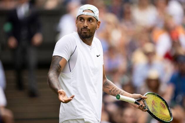 Mandatory Credit: Photo by Ella Ling Shutterstock (13012858cu) Nick Kyrgios reacts during his fourth round match Wimbledon Tennis Championships, Day 8, The All England Lawn Tennis and Croquet Club, London, UK - 04 Jul 2022 Wimbledon Tennis Championships, Day 8, The All England Lawn Tennis and Croquet Club, London, UK - 04 Jul 2022  Copyright: xEllaxLing Shutterstockx 13012858cu