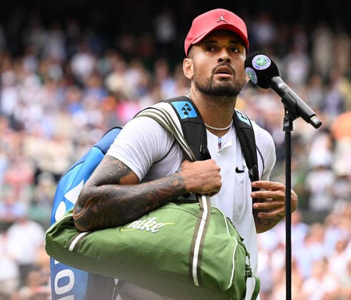 Tennis Championships - Week One - Day Eight - All England Lawn Tennis Club, Wimbledon - Monday 4th July 2022 Brandon Nakashima (USA) v Nick Kyrgios (AUS) Nick Kyrgios gives a chat on court after the match 