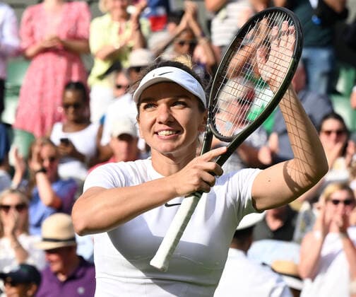 Tennis Championships - Week One - Day Eight - All England Lawn Tennis Club, Wimbledon - Monday 4th July 2022 Paula Badosa v Simona Halep Simona Halep (ROU) celebrates her win 