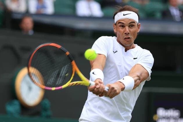 Tennis - Wimbledon (Day 7) 3rd July 2022 - Tennis - Wimbledon (Day 7) - Rafael Nadal (ESP) in action against Botic Van De Zandschlup (NED) during their Gentlemen s Singles Round of 16 match - Photo: Simon Stacpoole Offside. London UK Copyright: xSimonxStacpoolexOffside