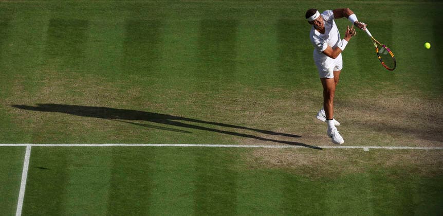 (220705) -- LONDON, July 5, 2022 -- Rafael Nadal competes during the men s singles fourth round match between Rafael Nadal of Spain and Botic van de Zandschulp of the Netherlands at Wimbledon Tennis Championship in London, Britain, on July 4, 2022. ) (SP)BRITAIN-LONDON-TENNIS-WIMBLEDON-MEN S SINGLES HanxYan 