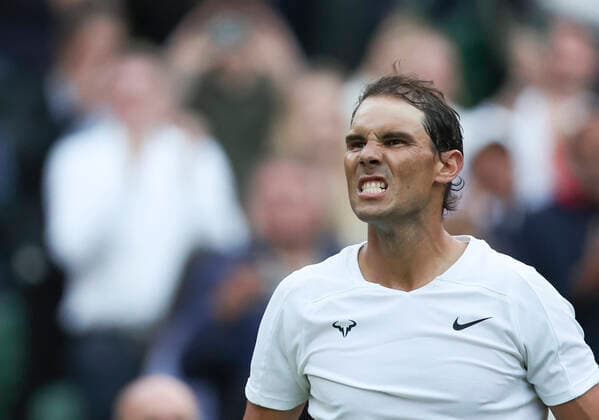 (220705) -- LONDON, July 5, 2022 -- Rafael Nadal celebrates after winning the men s singles fourth round match between Rafael Nadal of Spain and Botic van de Zandschulp of the Netherlands at Wimbledon Tennis Championship in London, Britain, on July 4, 2022. ) (SP)BRITAIN-LONDON-TENNIS-WIMBLEDON-MEN S SINGLES HanxYan 
