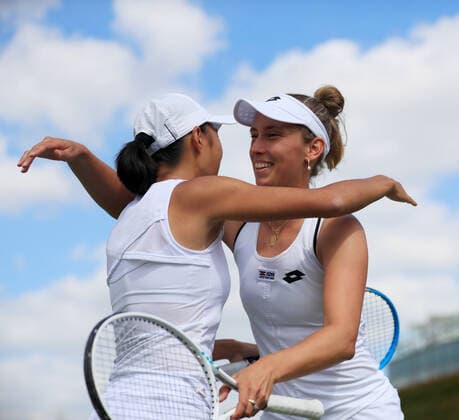 (220705) -- LONDON, July 5, 2022 -- Zhang Shuai of China Elise Mertens (R) of Belgium celebrate after the women s doubles third round match between Zhang Shuai of China Elise Mertens of Belgium and Nadiia Kichenok of Ukraine Raluca Olaru of Romania at Wimbledon Tennis Championship in London, Britain, on July 4, 2022. ) (SP)BRITAIN-LONDON-TENNIS-WIMBLEDON-WOMEN S DOUBLES LixYing 