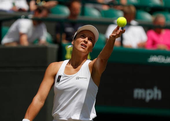 5th July 2022, All England Lawn Tennis and Croquet Club, London, England; Wimbledon Tennis tournament; Tatjana Maria (GER) serves to Jule Niemeier (GER)  ActionPlus12405239 JohnxPatrickxFletcher