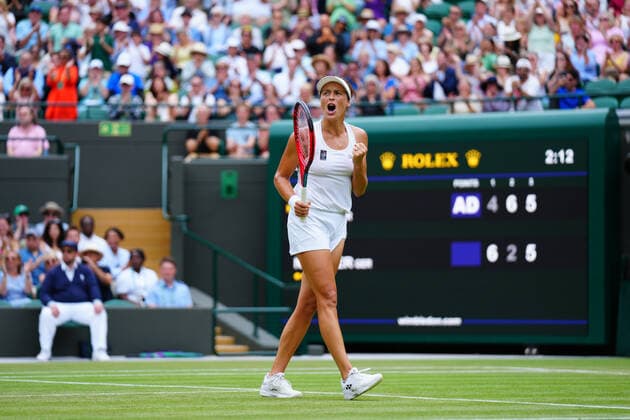 Mandatory Credit: Photo by Javier Garcia Shutterstock (13012869ay) Tatjana Maria celebrates during her quarter-final match Wimbledon Tennis Championships, Day 9, The All England Lawn Tennis and Croquet Club, London, UK - 05 Jul 2022 Wimbledon Tennis Championships, Day 9, The All England Lawn Tennis and Croquet Club, London, UK - 05 Jul 2022  Copyright: xJavierxGarcia Shutterstockx 13012869ay