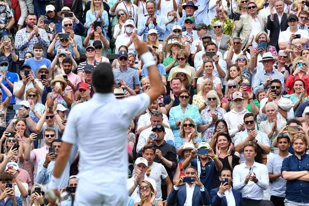 Mandatory Credit: Photo by James Veysey Shutterstock (13012868fv) Novak Djokovic celebrates winning his quarter final match Wimbledon Tennis Championships, Day 9, The All England Lawn Tennis and Croquet Club, London, UK - 05 Jul 2022 Wimbledon Tennis Championships, Day 9, The All England Lawn Tennis and Croquet Club, London, UK - 05 Jul 2022  Copyright: xJamesxVeysey Shutterstockx 13012868fv